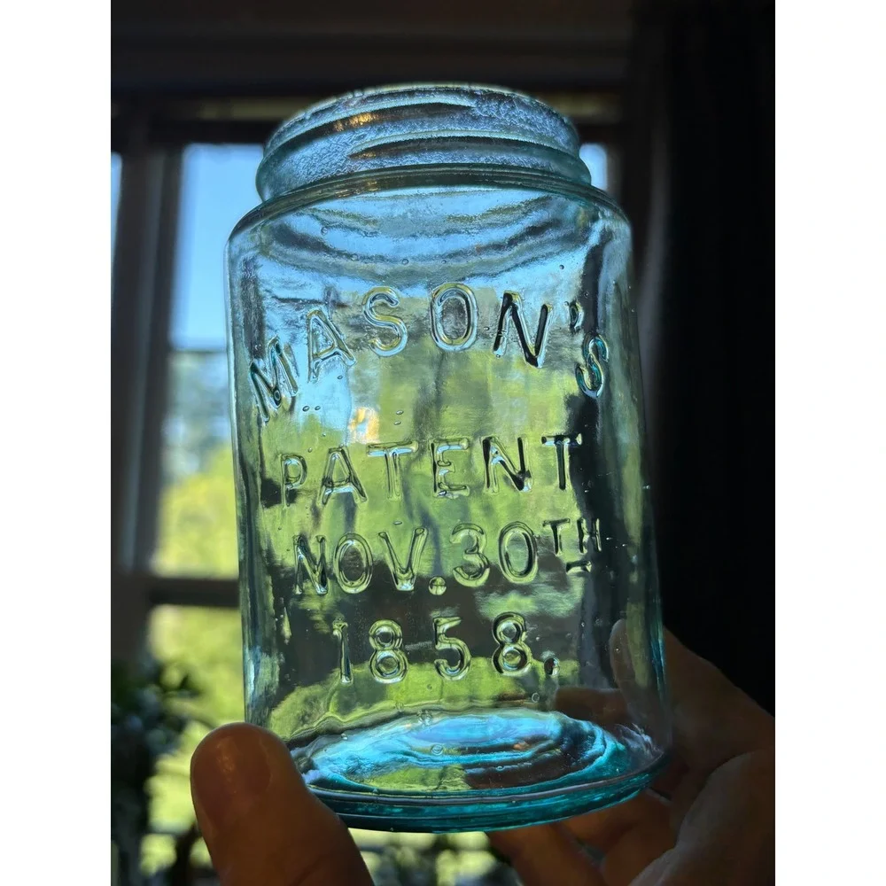 Antique Aqua Mason's Patent Nov 30th 1858 Quart Fruit Jar Zinc Lid Bubbles